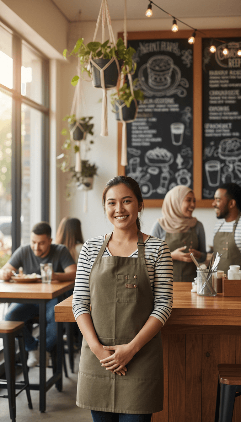 Smiling casual restaurant staff member standing confidently in apron with friendly restaurant environment visible behind