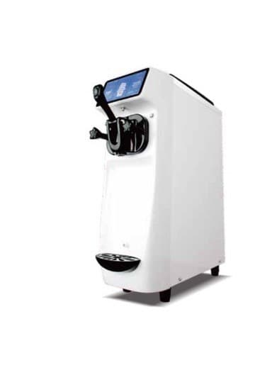 白色台式软冰淇淋机,配有数字显示屏、黑色操作手柄和底部接水盘。